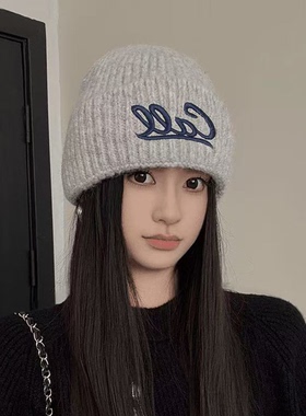 秋冬韩系字母刺绣大头围针织帽女