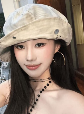 春秋复古斑点涂鸦显脸小渔夫帽女