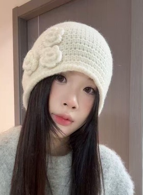 秋冬手工花朵大头显脸小包头帽女