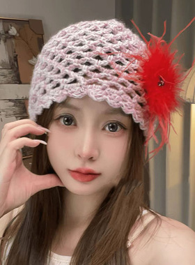 秋冬复古黑色羽毛编织包头帽女