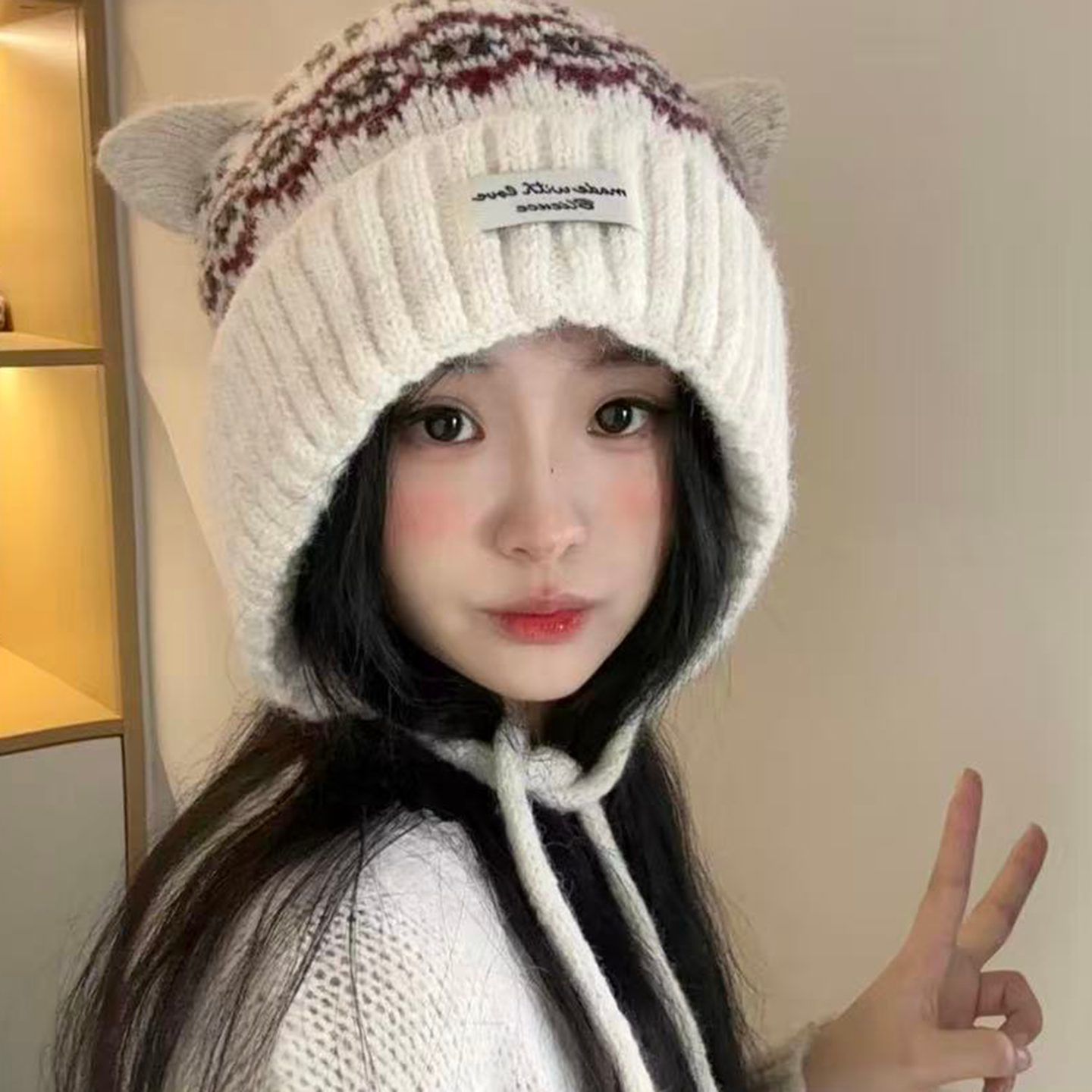 冬季费尔岛可爱猫耳加绒针织帽女