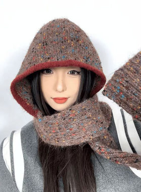 韩版秋冬彩点围脖两用针织帽女