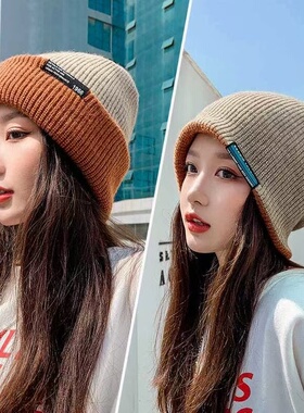 秋冬百搭素颜贴标双面戴毛线帽女