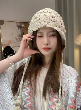 百搭秋冬双层钩花流苏毛线帽女