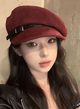 秋冬日系复古皮带八角报童帽女