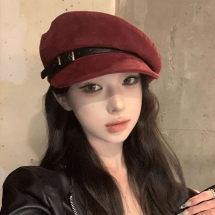 秋冬新款皮带平顶帽女日系复古英伦风时尚报童帽鸭舌八角贝雷帽潮
