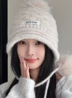秋冬韩版大头显脸小毛球针织帽女