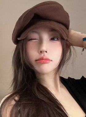 韩版秋冬百搭纯色显脸小八角帽女