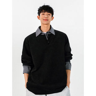 春秋美式 领卫衣男女重磅宽松休闲百搭情侣打底上衣 潮牌假两件衬衫