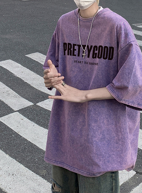 短袖男款美式复古宽松重磅纯棉情侣装T恤夏季潮牌潮流印花半袖