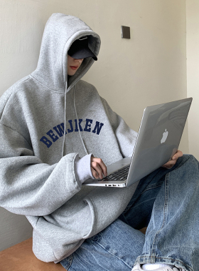 卫衣男春秋美式重磅加绒灰色连帽卫衣潮牌oversize宽松情侣装外套