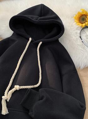 重磅纯色连帽卫衣男秋冬款美式高街潮牌宽松情侣帽衫加绒加厚外套