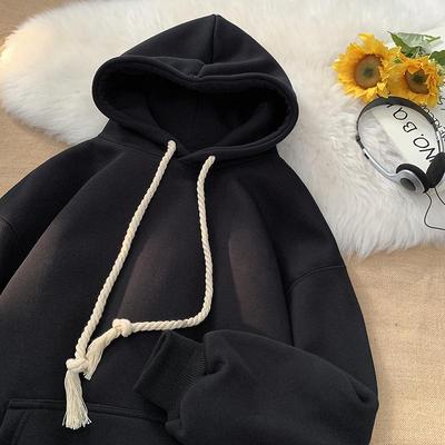 重磅纯色连帽卫衣男秋冬款美式高街潮牌宽松情侣帽衫加绒加厚外套