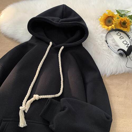 重磅纯色连帽卫衣男秋冬款美式高街潮牌宽松情侣帽衫加绒加厚外套