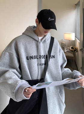 连帽卫衣男秋冬款灰色潮牌加绒加厚情侣卫衣美式复古重磅宽松外套