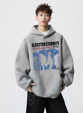 连帽卫衣男款秋冬美式潮牌加绒加厚情侣卫衣重磅宽松套头帽衫外套