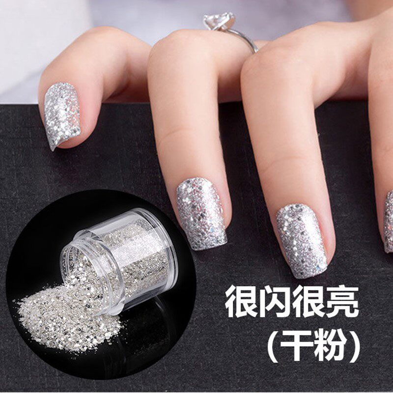 美甲进口银色闪粉粗细混装亮片大小装爆闪碎钻粉六角贴片指甲饰品