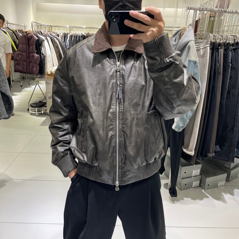 潮牌复古加厚保暖翻领PU皮羽绒服