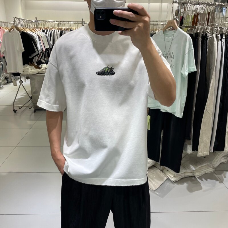 美式复古鞋子印花短袖T恤男士宽松圆领重磅纯棉潮牌百搭痞帅时尚t