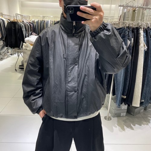 美式复古PU皮白鸭绒立领羽绒服