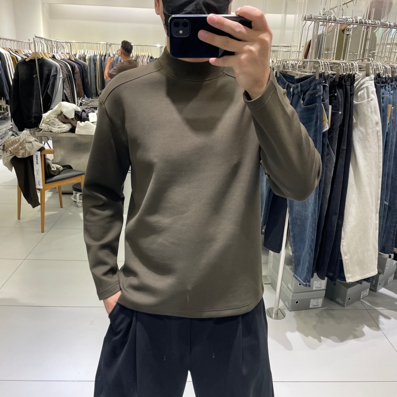 韩版修身纯色保暖中领双面德绒打底衫男冬季新款加绒加厚内搭T恤