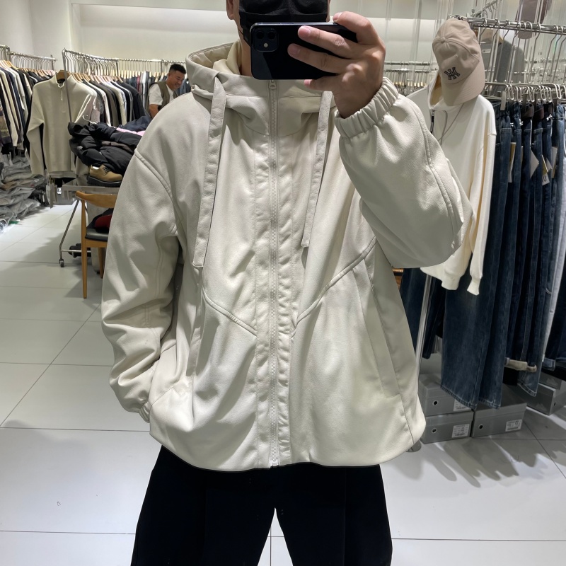 潮牌高级感拼接宽松连帽皮羽绒服