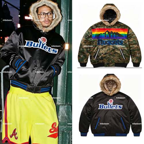 自主Teams Hooded Satin 美式复古迷彩刺绣字母运动连帽夹克外套