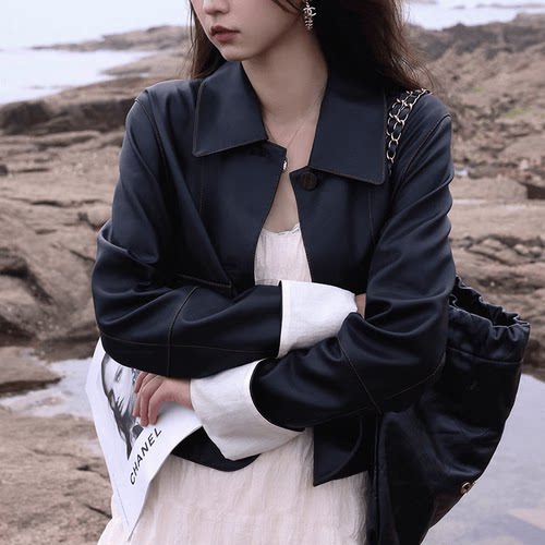 超软蛋白PU机车风翻领外套ibell