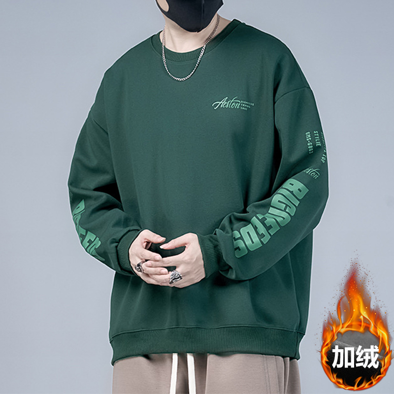 冬季加绒加厚卫衣男胖子套头衫加肥加大码宽松圆领外套纯棉长袖