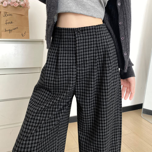 黑色格子阔腿裤女2026新款春季宽松bf慵懒风垂感松弛直筒休闲裤子