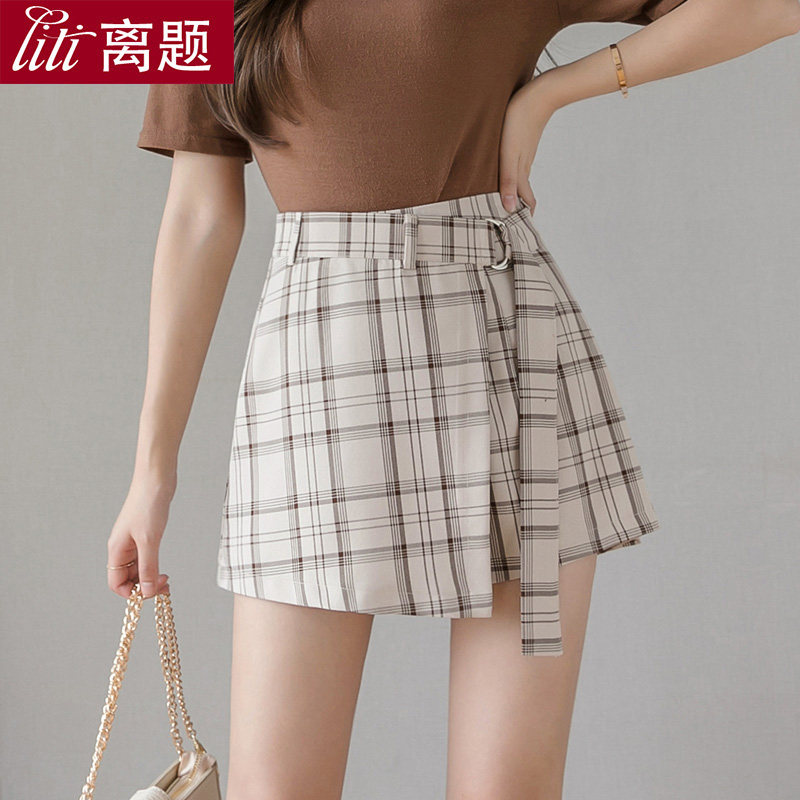 韩版高腰雪纺阔腿短裤女夏复古格子不规则裙裤学生百搭显瘦a字裤