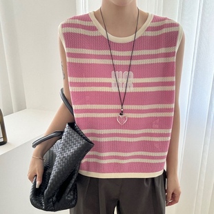 撞色条纹针织背心女宽松显瘦百搭上衣潮 2025夏季 新款 时尚 圆领无袖