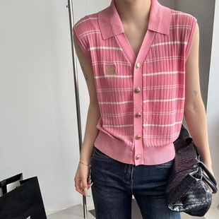 撞色条纹针织背心女宽松显瘦百搭上衣潮 2025夏季 新款 时尚 翻领无袖