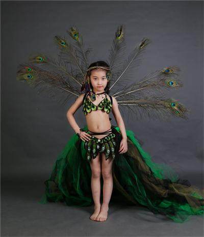 女童儿童泳装 比基尼走秀比赛孔雀造型 维密夸张泳衣秀带拖尾礼服