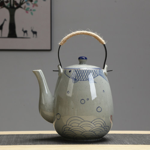 2升陶瓷大茶壶手绘铁制手柄餐厅