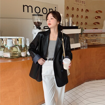 高级感百搭西装领皮衣外套春装