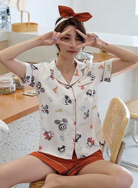 清仓！爱蜜米奇睡衣女短袖短裤高端缎面丝绸家居服空调服女配发带