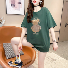 實拍棉質小熊短袖t恤女2021新款夏季寬鬆大碼女裝200斤網紅同款