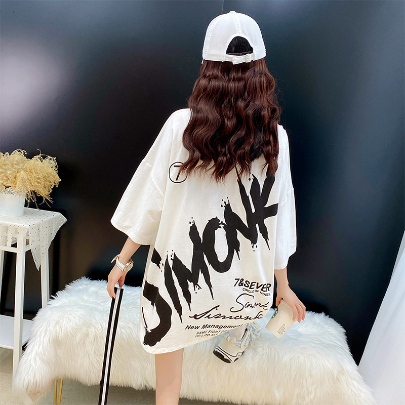 Real shot cotton short sleeve T-shirt women's loose medium long Korean summer new ins tide brand half sleeve T-shirt