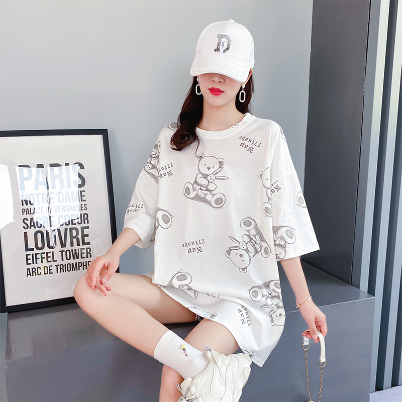 Original real shot cotton short sleeve T-shirt women's middle long loose fried Street Korean summer students' sympathy