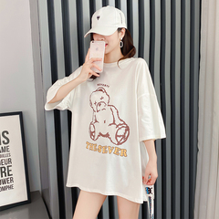 Original real shot cotton short sleeve T-shirt women's mid long loose Korean summer new fashion bear top
