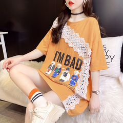 Real shot cotton net red same style 2021 summer new Korean short sleeve t-shirt female lace splicing top