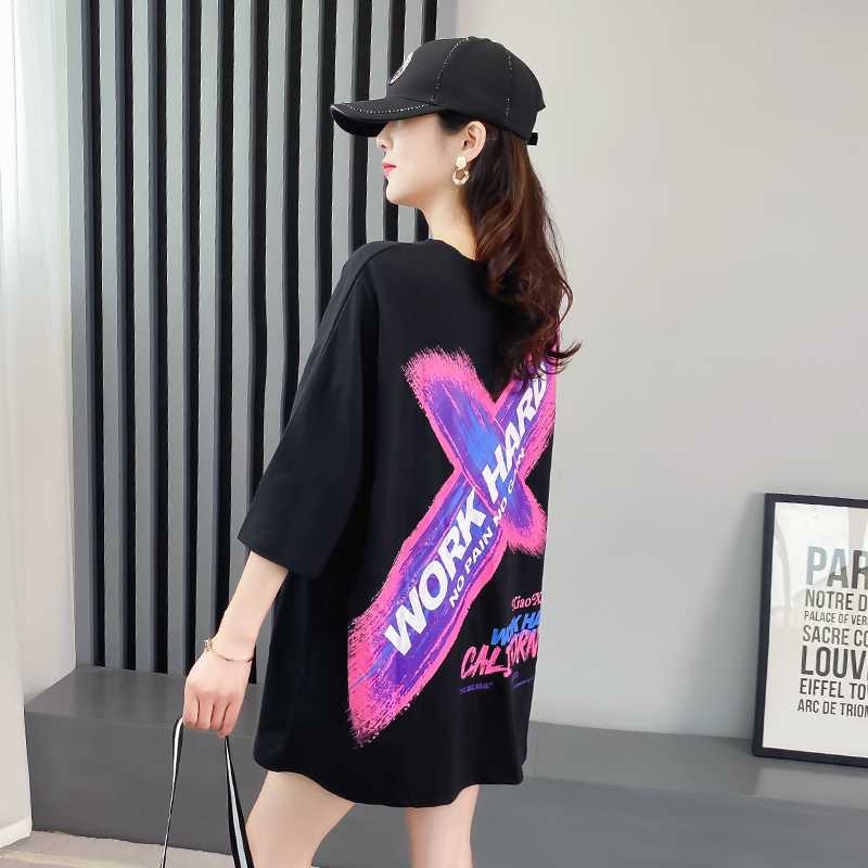 Real shot cotton fried Street short sleeve T-shirt women's mid long summer new Korean loose student fashion brand top