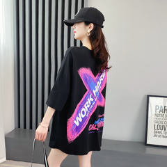 Real shot cotton fried Street short sleeve T-shirt women's mid long summer new Korean loose student fashion brand top