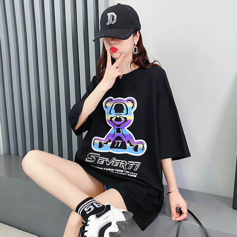 Real shot of cotton T-shirt, women's short sleeve, loose medium length, summer and Korean new fashion brand