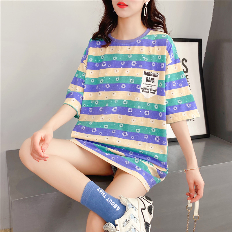 Real shot cotton Daisy stripe short sleeve T-shirt women's loose medium length 2021 summer new ins Korean half sleeve