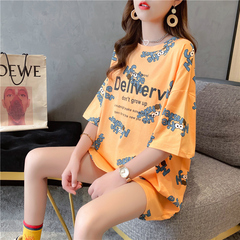 實拍棉質夏季新款寬鬆中長款前後印花大碼圓領短袖T恤女網紅同款
