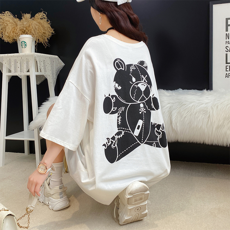 Real shot cotton short sleeve loose medium length T-shirt for women's new year's summer wear