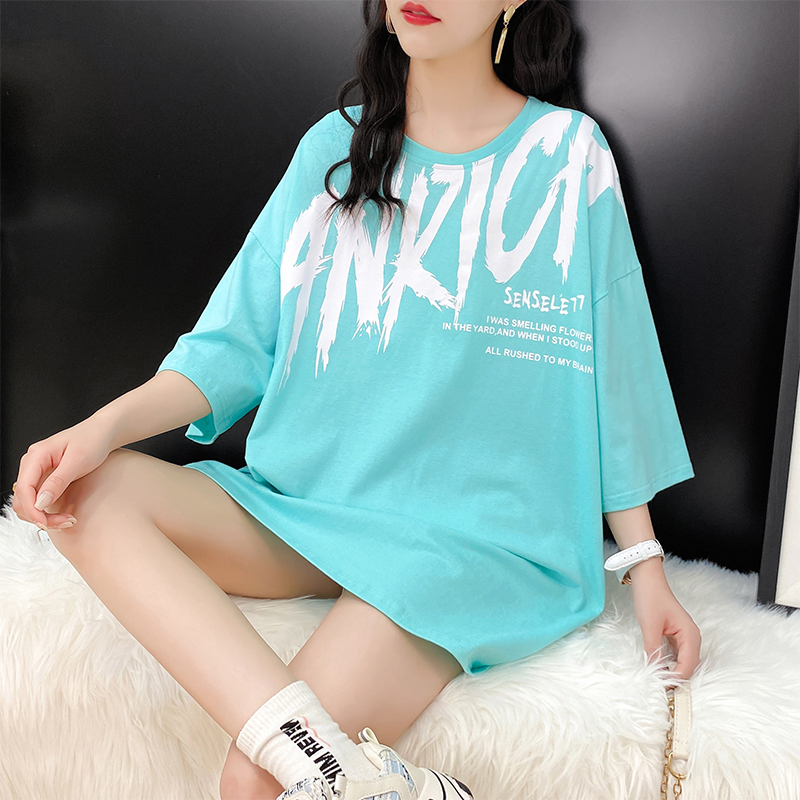 Real shot cotton short sleeve T-shirt women's summer wear new ins fashion brand loose medium length Korean half sleeve top