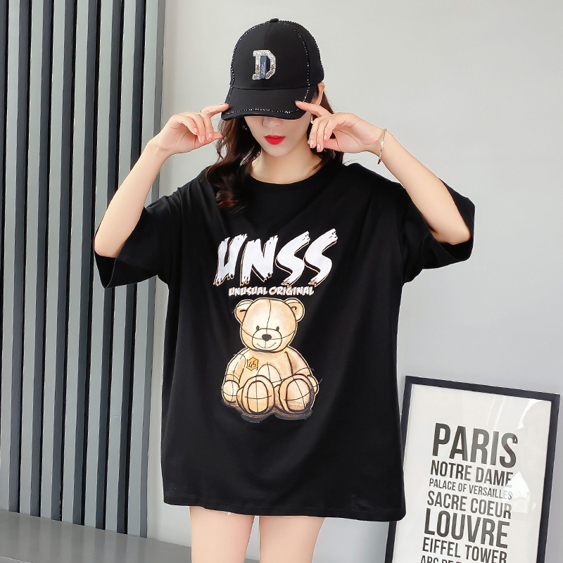 Real shot cotton fried Street short sleeve T-shirt women's mid length summer new Korean loose bear fashion brand top